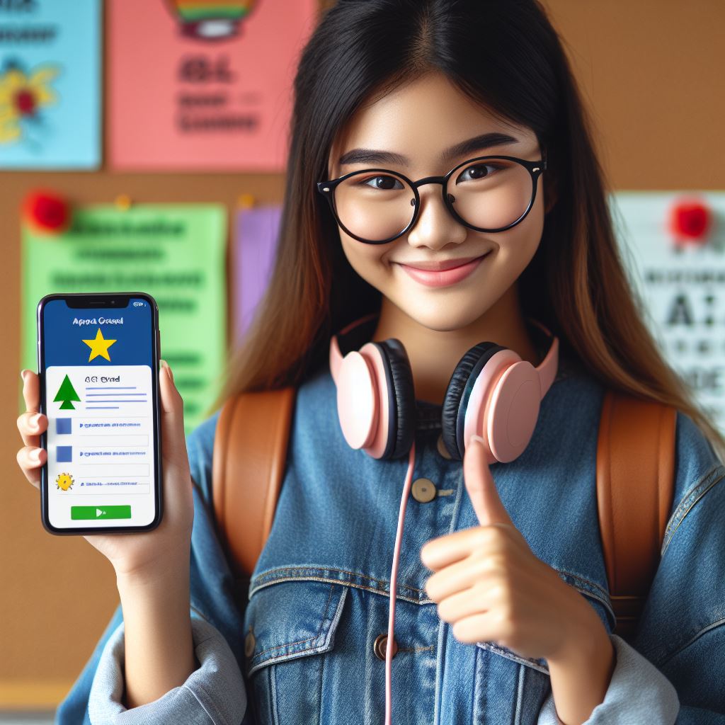 Menina com um celular que aponta uma boa nota no enem